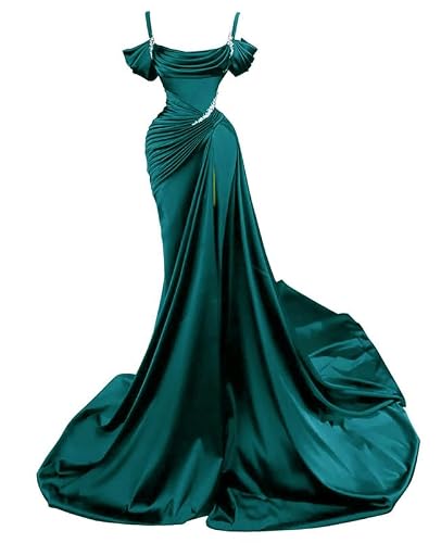 NIQIANZU Spaghetti Straps Satin Mermaid Prom Dresses for Women | Beaded Ruched Formal Dress with Slit, Corset Back, for Prom, Wedding, Evening, Party, Ball Gown