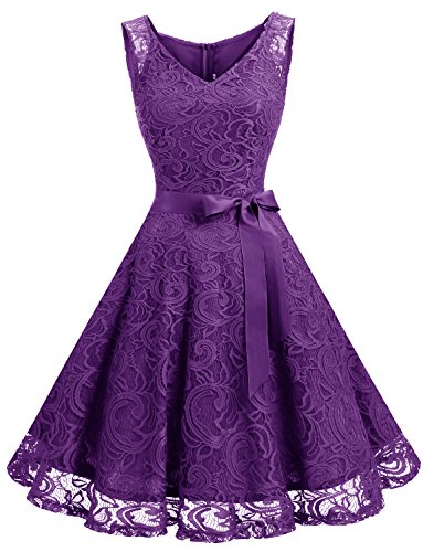 Dressystar Women’s Lace V Neck Short Bridesmaid Cocktail Dress Purple M
