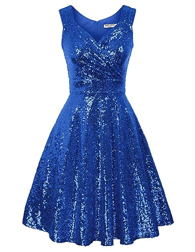 GRACE KARIN Sleeveless Shiny Sparkling V-Neck Evening Prom Swing Dress Blue M