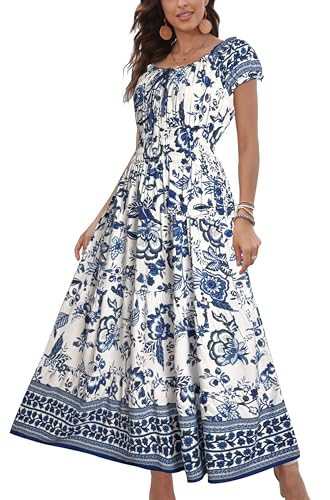 OSTOO Women's 2026 Maxi Dress Short Sleeves Boho Floral Print Tiered Casual Flowy Summer Long Dress(Blue,M)