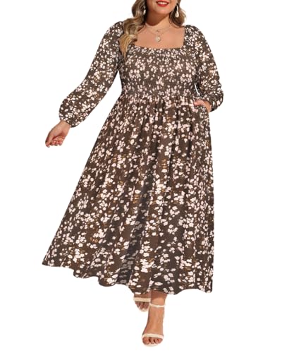 RITERA Plus Size Fall Dresses for Curvy Women 5X Floral Square Neck Long Sleeve Casual Wedding Guest Brown Dress Smocked Soft Maxi Ruffle Dress Flowy A Line Winter Sundress with Pockets 5XL 30W 32W
