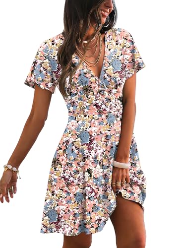 RUMIA Summer Dresses for Women Wrap V Neck Fall Fashion Floral Pink Blue M