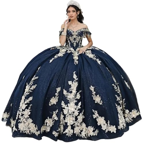 XYAYE Navy Blue Puffy Long Ball Gown Quinceanera Dresses Ivory Lace Dress