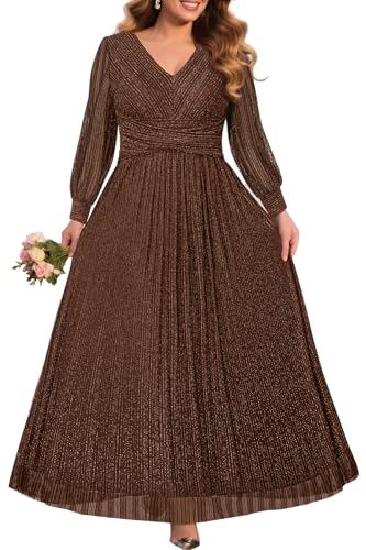 Pinup Fashion Plus Brown Dress Glitter Long Sleeve Fall Wedding Guest Dress | Brown, coffee, silver thread straight knit, v-neck, empire waist, long sleeves, a-line, maxi long, fall wedding guest