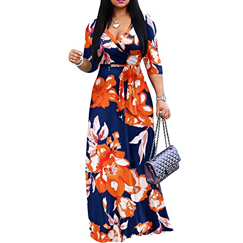 FANDEE Plus Size Maxi Dress for Women Casual Summer Sundress V-Neck 3/4 Sleeve(Multicolored Flower,2X-Large)
