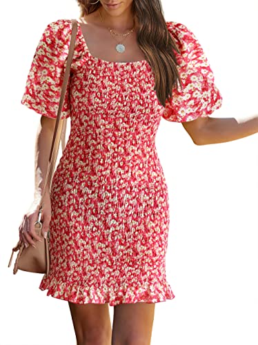 PRETTYGARDEN Women's Summer Floral Mini Bodycon Dresses Short Puff Sleeve Square Neck Ruffle Hem Mermaid Cocktail Dress (Red Yellow Flower,Medium)