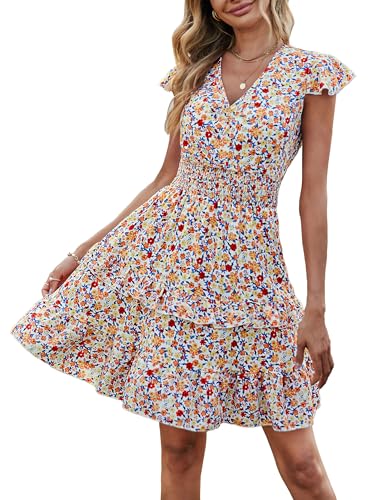 PRETTYGARDEN Casual Summer Dresses for Women 2025 Short Sleeve V Neck Floral Mini Dress Boho Smocked Ruffle Short Sundress(X-Small, White)