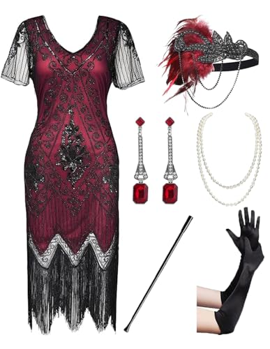 866A - Plus Size 1920s Vintage Fringed Gatsby Sequin Beaded Tassels Hem Flapper Party Prom Cocktail Dress with Accessories (Red Black with Accs, 5X)