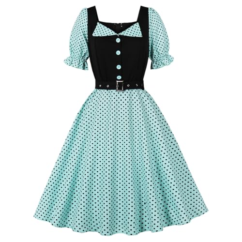 1950s Dresses for Women Vintage Polka Dot 50s 60s Retro Tea Dress Audrey Hepburn Rockabilly Party Swing Dresses Belted 40s 50's Style Short Puff Sleeve Halloween Cocktail Church Dress Light Green S