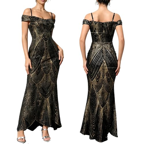VJJ AIDEAR Women’s Off Shoulder Backless Prom Dress, Spaghetti Straps Sequin Evening Gown with Sparkly Glitter, Elegant Classy Maxi Dress for Formal Events & Parties XL Black Gold
