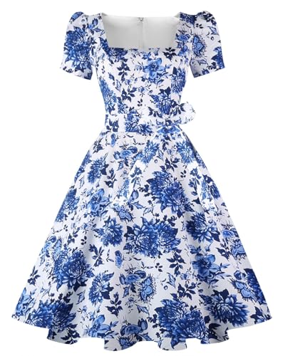 OBBUE Women's Square Neck Dresses Cocktail Dress Blue White Porcelain XXL