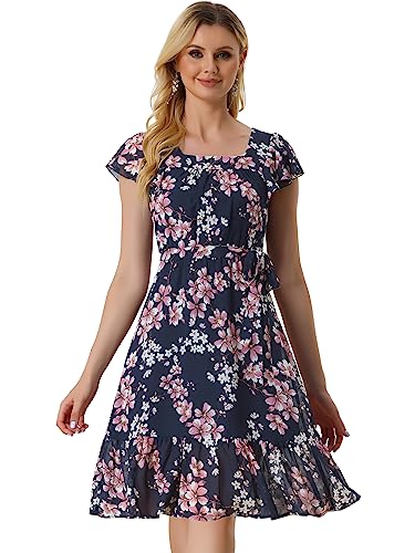 Allegra K Womens Midi Floral Chiffon Dresses Flutter Sleeve Ruffled Dress