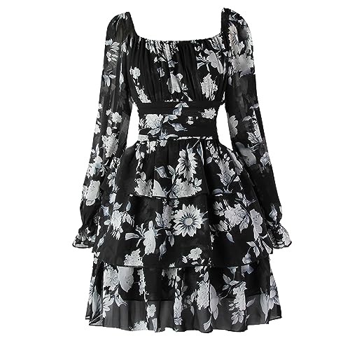 OBBUE Women's Summer Dress Long Sleeve Mini Dresses Black White Flower XXXL | Elastic Waist, Aline, Square Neck, Tie Back, Casual Sundress, Beach Vacation Outfits, Wedding Clothes, Party Wear