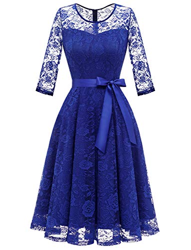 Dressystar Women’s Floral Lace Wedding Guest Bridesmaid Dress Royal Blue XL | Formal Cocktail Dress, 3/4 Long Sleeves, Crew Neck, A Line Tea Length Design, Illusion Neckline, Detachable Ribbon Bow