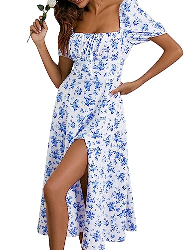 SPRIME Women's Floral Summer Casual Dress Square Neck Puff Sleeve Boho Midi Dresses Ruched Bust High Waist Split Long Dress