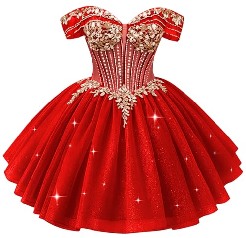 TRHTX Glitter Beaded DAMA Dress A-Line Tulle Short Prom Dress 18 Red | Women's Homecoming Dresses,Lace Appliques Short Prom for Teens ,Blue Sweet 16 Birthday Party Dress