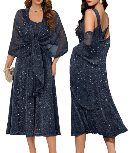 BeryLove Wedding Guest Dress for Women Sequin Formal Party Prom Gowns Evening Two Piece Glitter Long Sparkly Cocktail Birthday Dresses 0039 Navy L