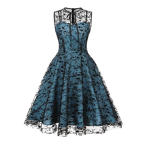 Keyhole Mesh Floral Embroidery Dress for Women Flower Mmbroidered Dress Mini Tulle Short Dress Bow Tie Neck Gothic Cocktail Vintage Dress Illusion Wedding Party Formal Evening Dress Sea Blue L
