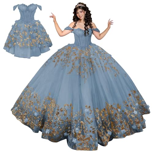 Mauuwy Dusty Blue&Gold Quinceanera Dress with Detachable Skirt Size 14