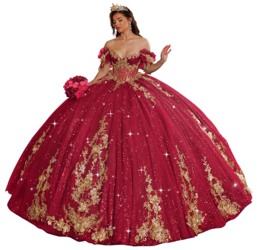KPYURC Berry Tulle Quinceanera Dresses Luxury Gold Lace Quince Dress Size 0