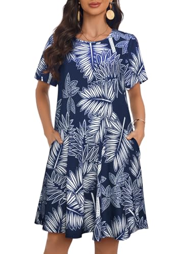My Sky Summer Dress Women Casual Cute Beach Short Sleeves Tshirt Pockets Sunshine Sundresses(Blue Leaf,M)