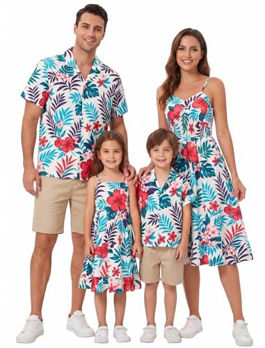 AWIBMK Hawaiian Family Matching Outfits Mother Daughter Tropical Dresses and Father Son Aloha Shirts for Beach Vacation Summer Family Photos Luau Party Women White + Red Flower S