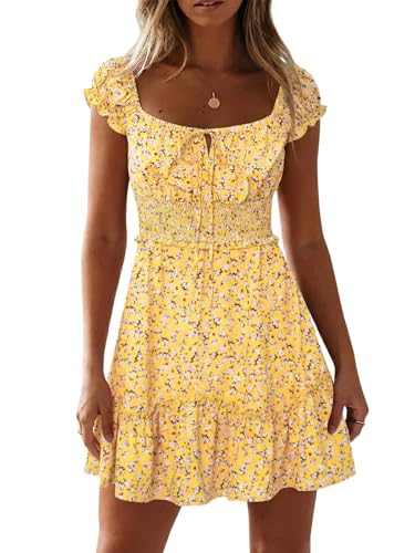 Womens Summer Floral Sundress Ruffle Sleeve Sweetheart Short Mini Dresses