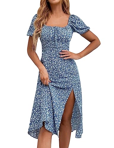 SPRIME Women's Floral Summer Casual Dress Square Neck Puff Sleeve Boho Midi Dresses Ruched Bust High Waist Split Long Dress