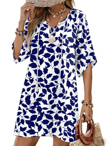 Zeagoo Women's Beach Sun Dress Casual Dresses Ruffle 3/4 Long Sleeve Summer Dresses for Women 2026 V Neck A-Line Beach Casual Flowy Mini Holiday Dress Leaf Blue X-Large