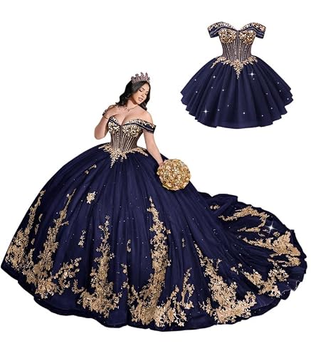 TRHTX Glitter Gold Lace Quinceanera Dresses Navy Blue Tulle DAMA Dress 12