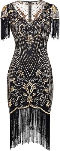 867 - Plus Size 1920s Vintage Fringed Sleeves Gatsby Sequin Tassels Hem Flapper Party Prom Cocktail Concert Dress (Black Gold, 1X)