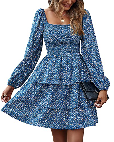 BTFBM Women's Mini Smocked Wedding Guest Dress,Floral Royal Blue,S | Square Neck, Long Sleeve, Boho Cocktail Dresses, Floral, Tiered Ruffle, Graduation, Going Out, Travel Outfits, Fall Fashion