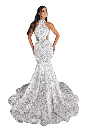 Beaded Prom Dresses Mermaid Sequin Gowns Long Sparkly Sexy Sheer Tight Formal Dresses Evening Party Gowns with Train White 18Plus MX369