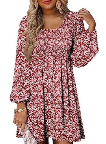 Dokotoo Womens Fall Dresses 2026 Long Sleeve Mini Dress Red Dress L | Smocked Crewneck, Button Up, Empire Waist, A-Line Hem, Casual, Baby Doll, Floral Pattern, Boho Style, Winter